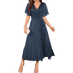 Zaful Womens Navy V Neck Flared Sleeve Split Semi Formal Modest Evening Gowns